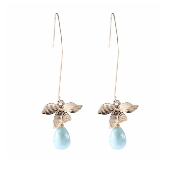 Edgy Minty Blue Teardrop Pearl Orchid Flower Gold Plated Long Earrings - Picture 5 of 5